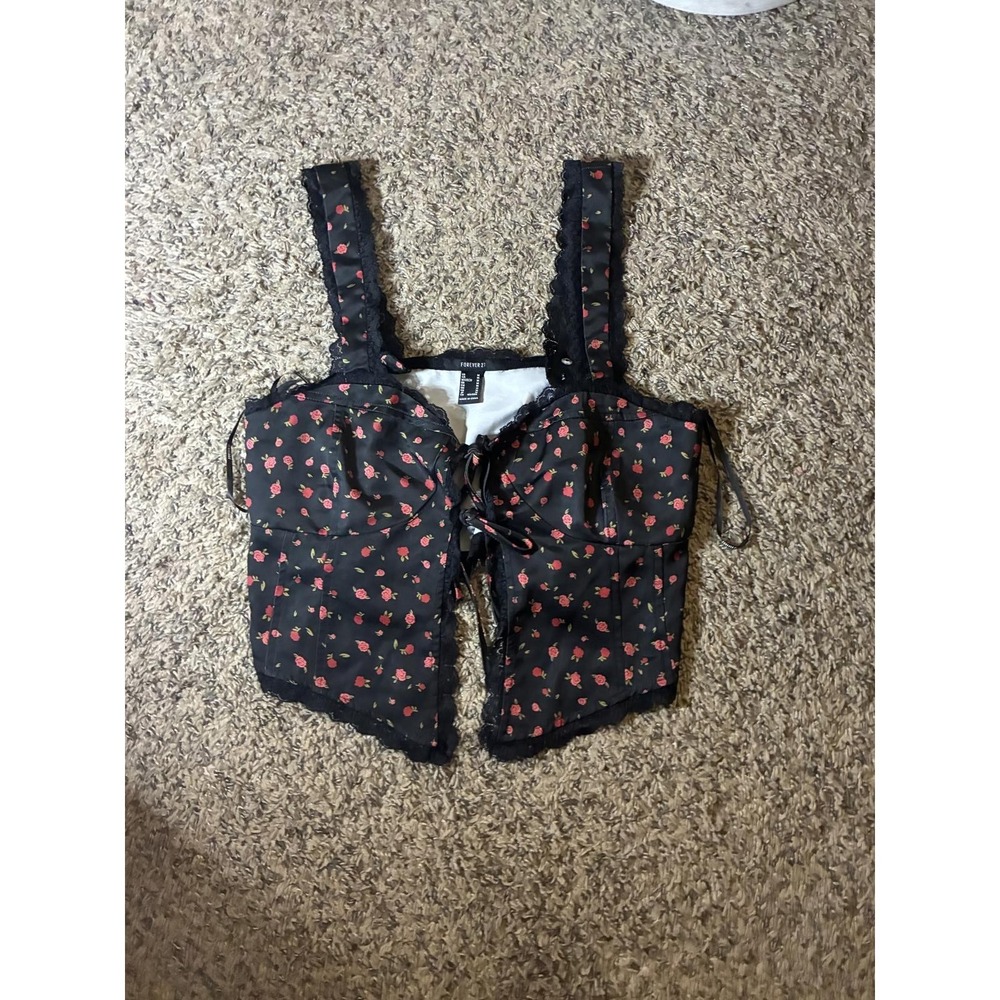 Forever 21 Black Floral Rose Corset Crop Top Lace Trim Lace Up Womens Medium